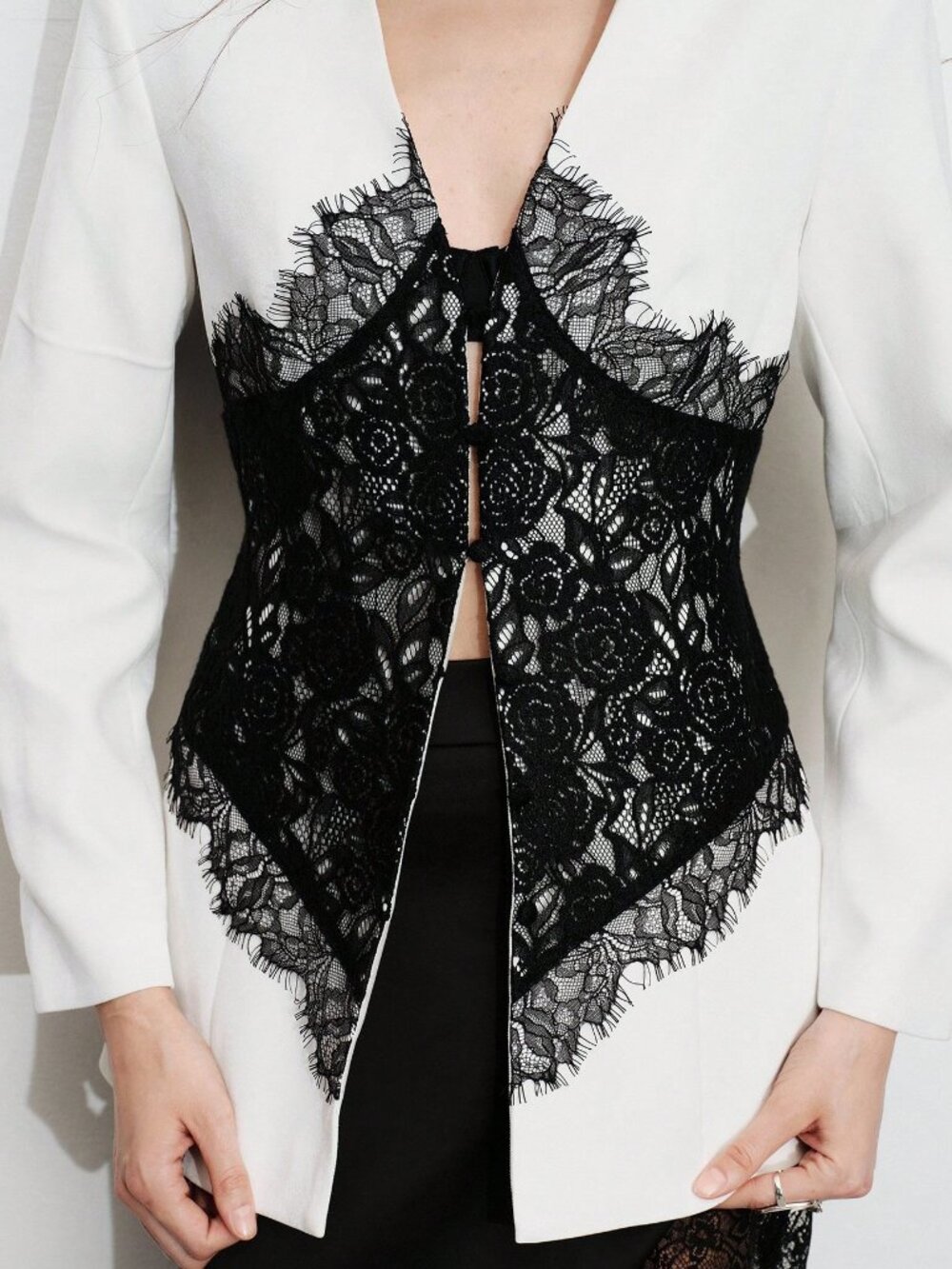 Black And White Elegant Women's Lace Patchwork V-Neck Fitted Blazer Jacket - Picture 5 of 8